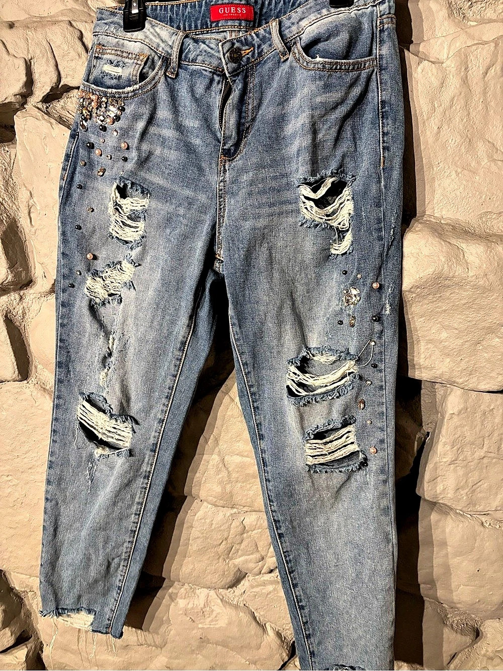 GUESS Distressed Embellished Blue Jeans